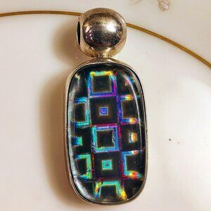 925 Vtg Sterling Silver Vintage Holographic Disco Glass Pendant TJ '76